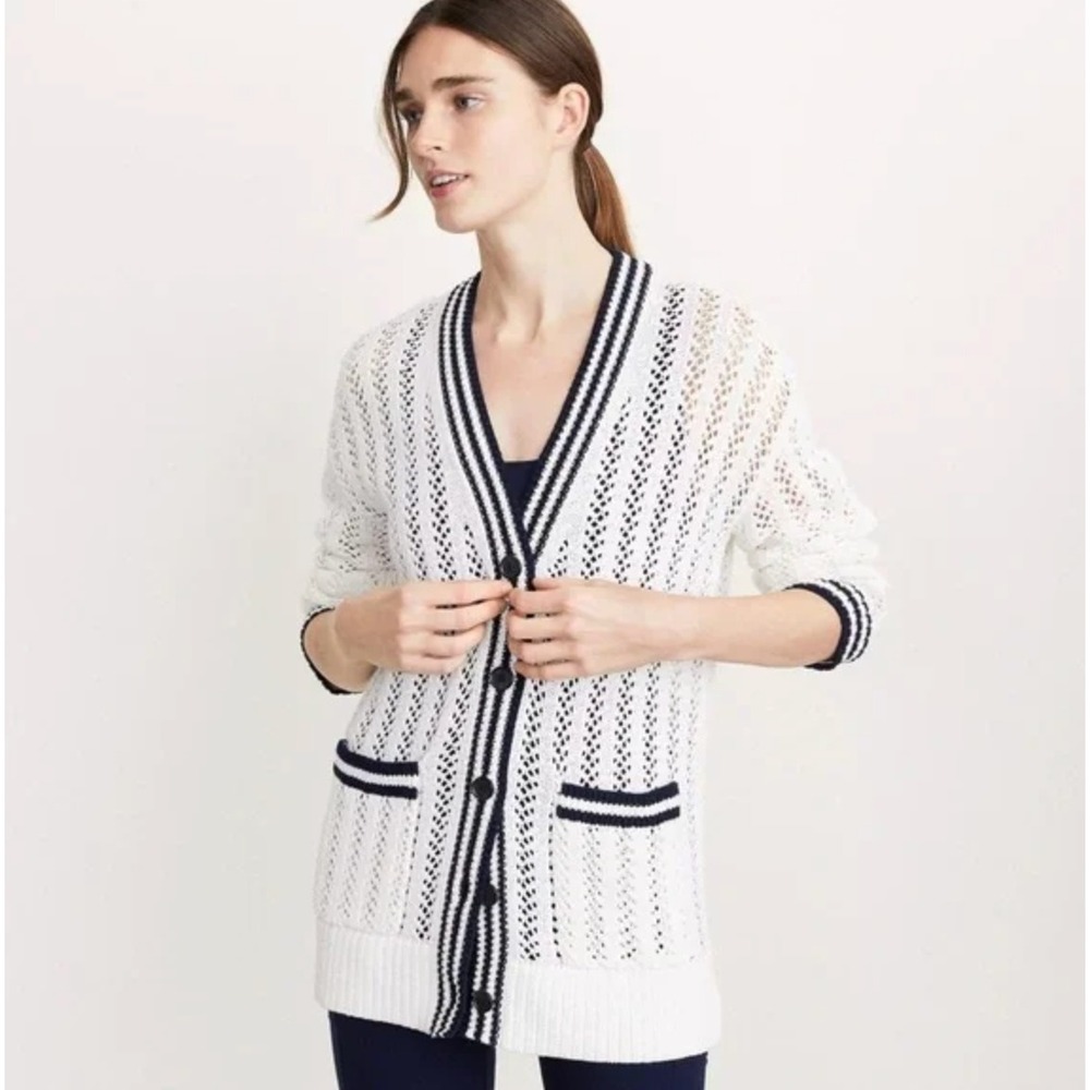 Lou & Grey Womens Pointelle Open Knit Longline‎ Cardigan Size S Tennis Prep